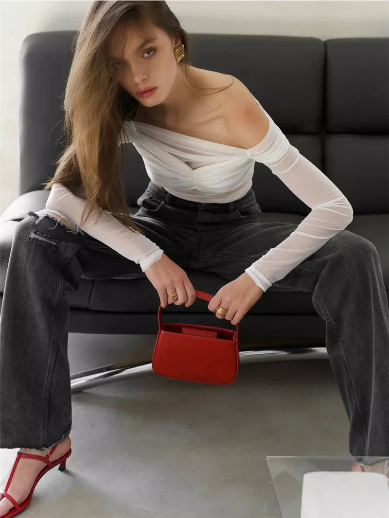 Mesh Off-shoulder Pleated Bust Strapless See Through Top