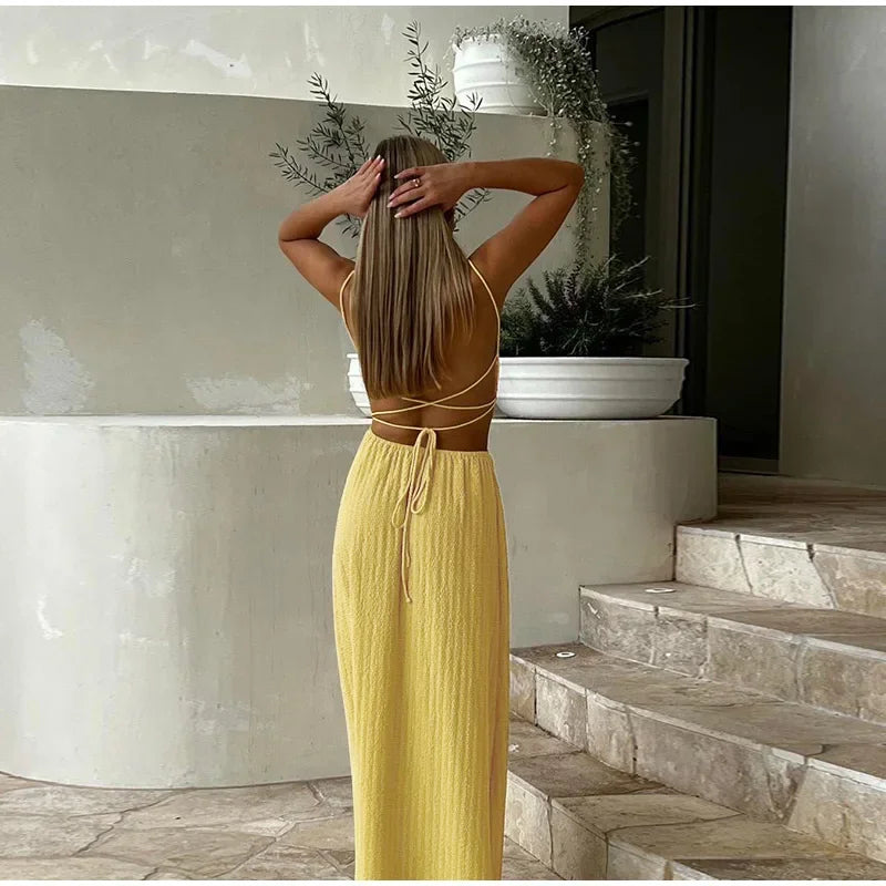 Lace Up Solid Color Open Back Long Dress