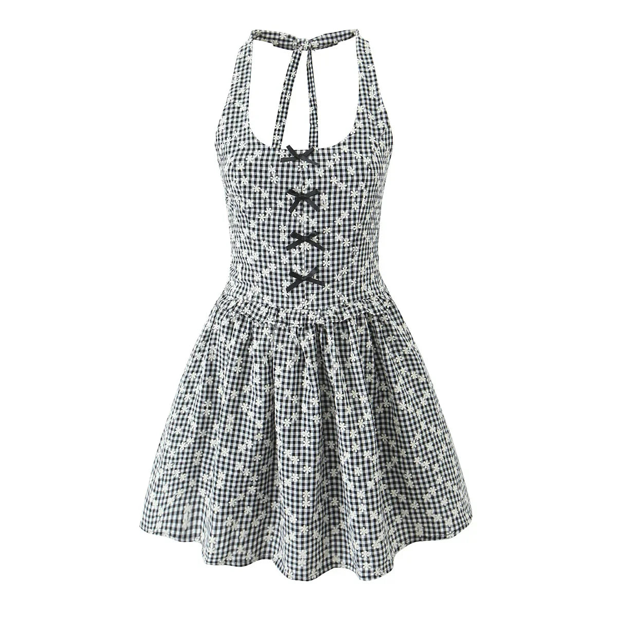 Gray Embroidery White Flower Bow Halter Mini Dress