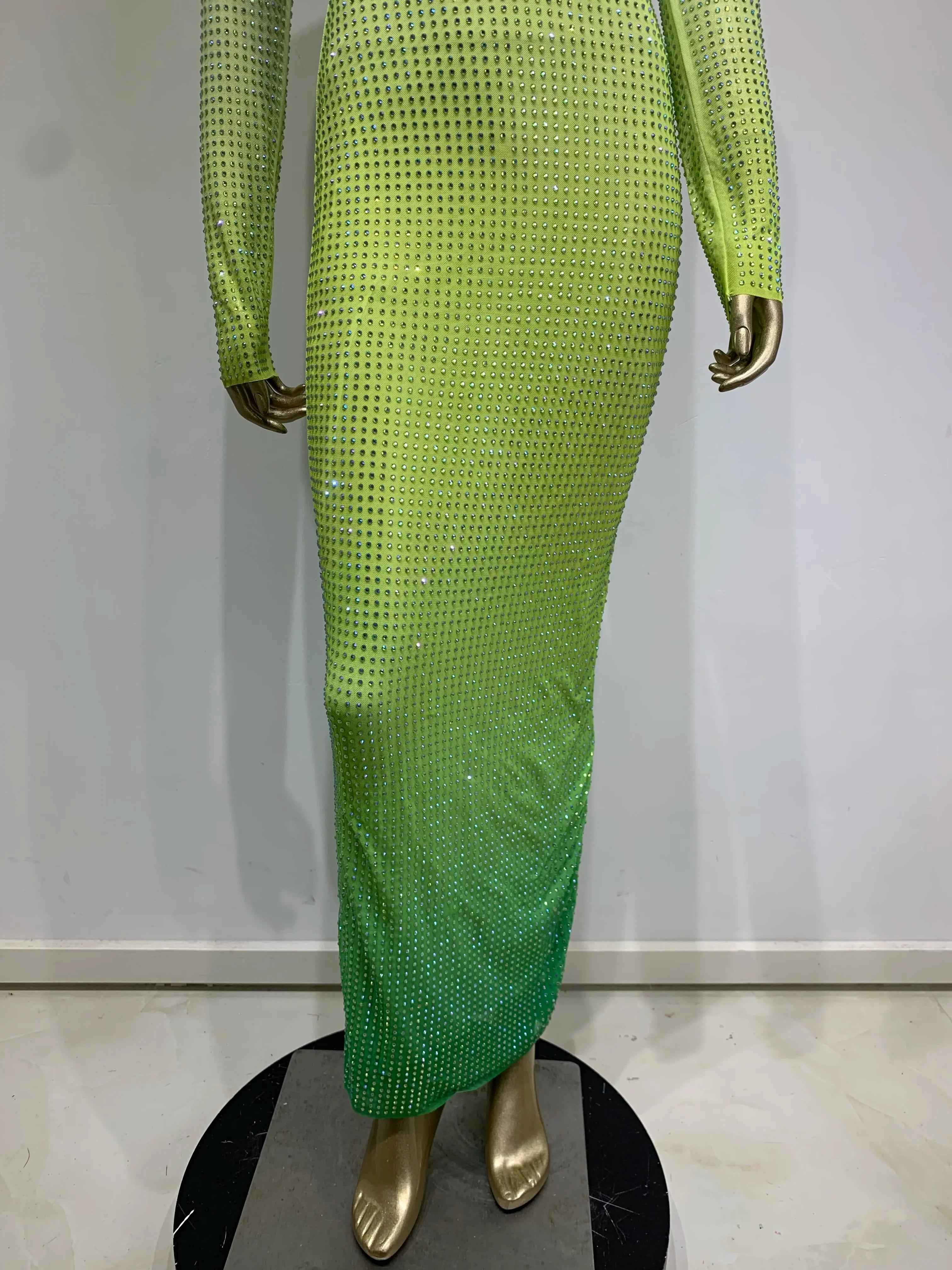 Green Gradient Midi Dress Shimmering Rhinestones & Bold Style