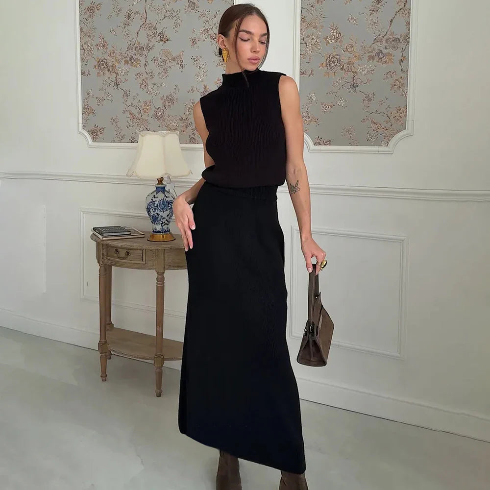 Solid Knit Sleeveless Top Long Skirt Set