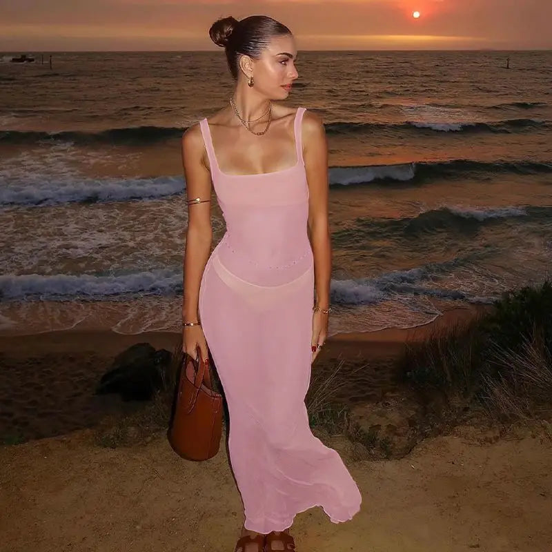 Mesh Square Neck Open Back Solid Long Dress