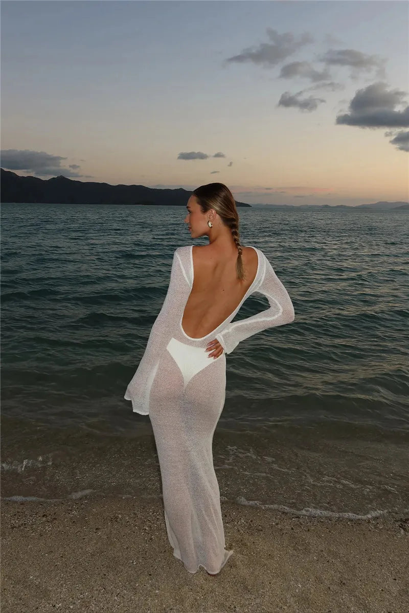 Hollow Backless Solid Knitted Dress
