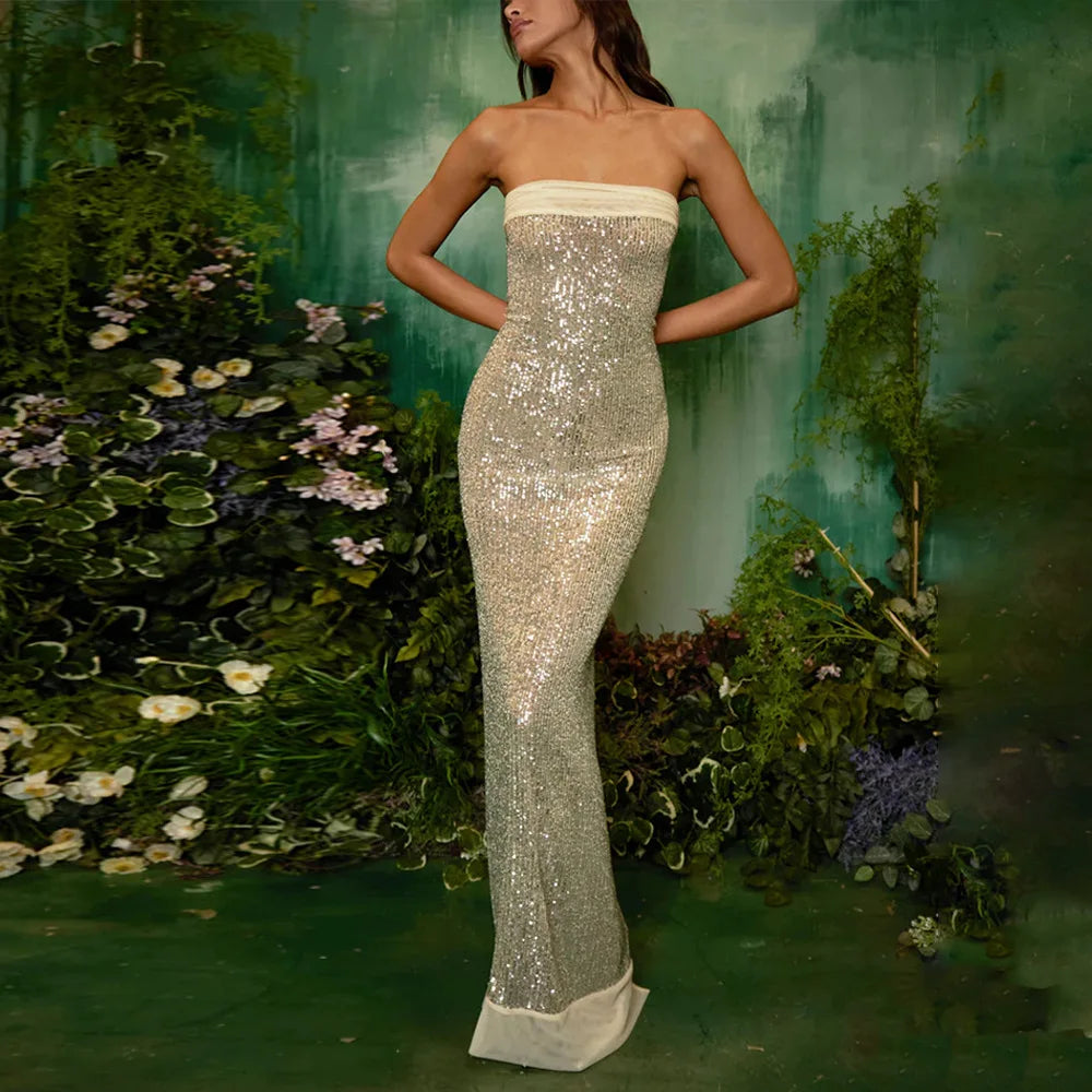 Strapless Sequin Slit Backless Dress