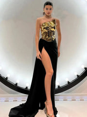 Strapless Gold Top & High-Slit Skirt Set