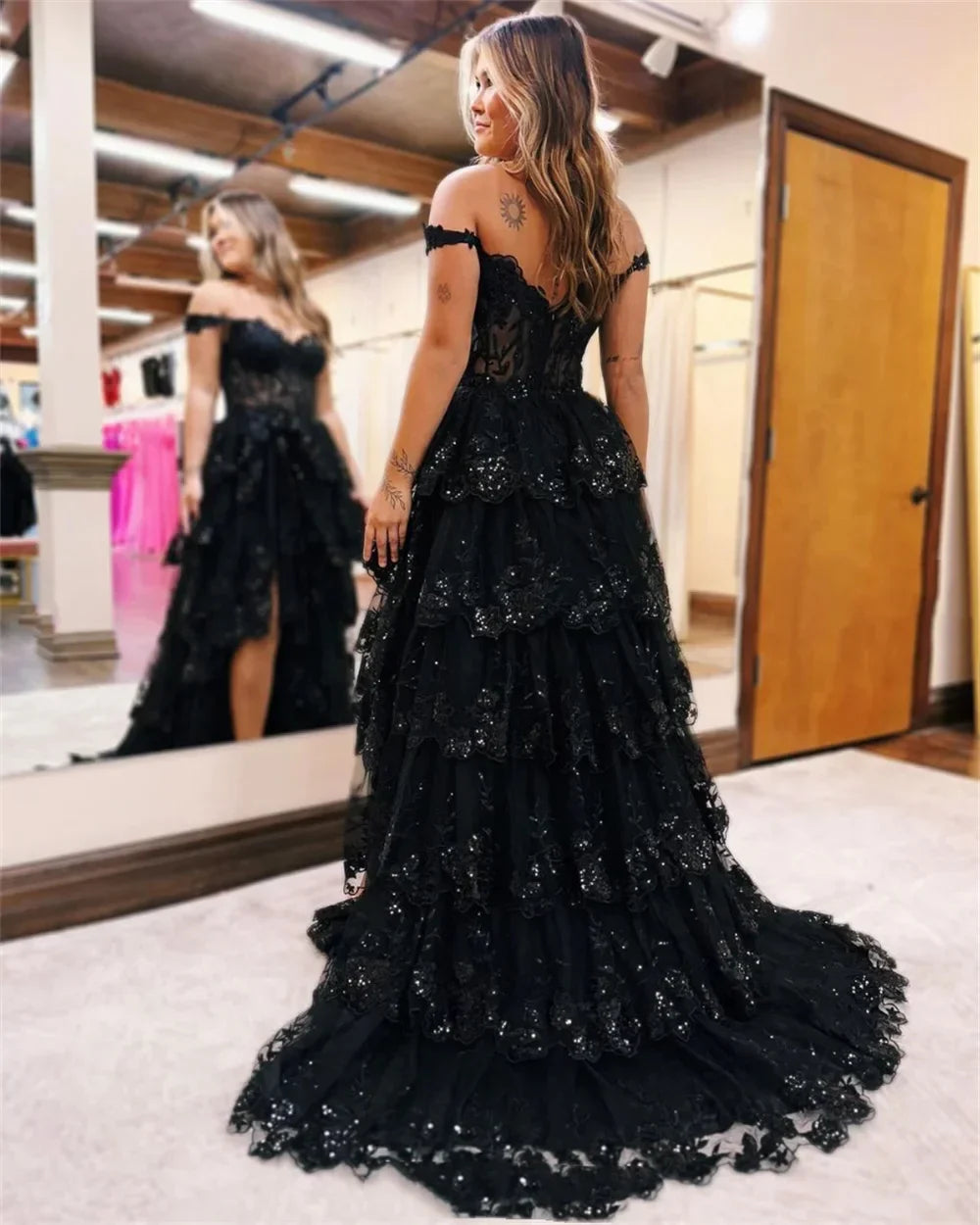 Lace Embroidery Glitter Prom Dresses
