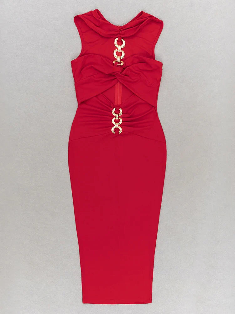 Red Metal Strapless Design Bodycon Midi Dress