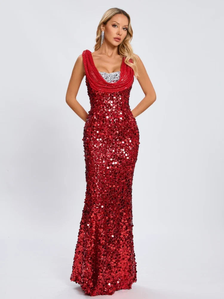 Swinging Neck Sequins Red Long Dress
