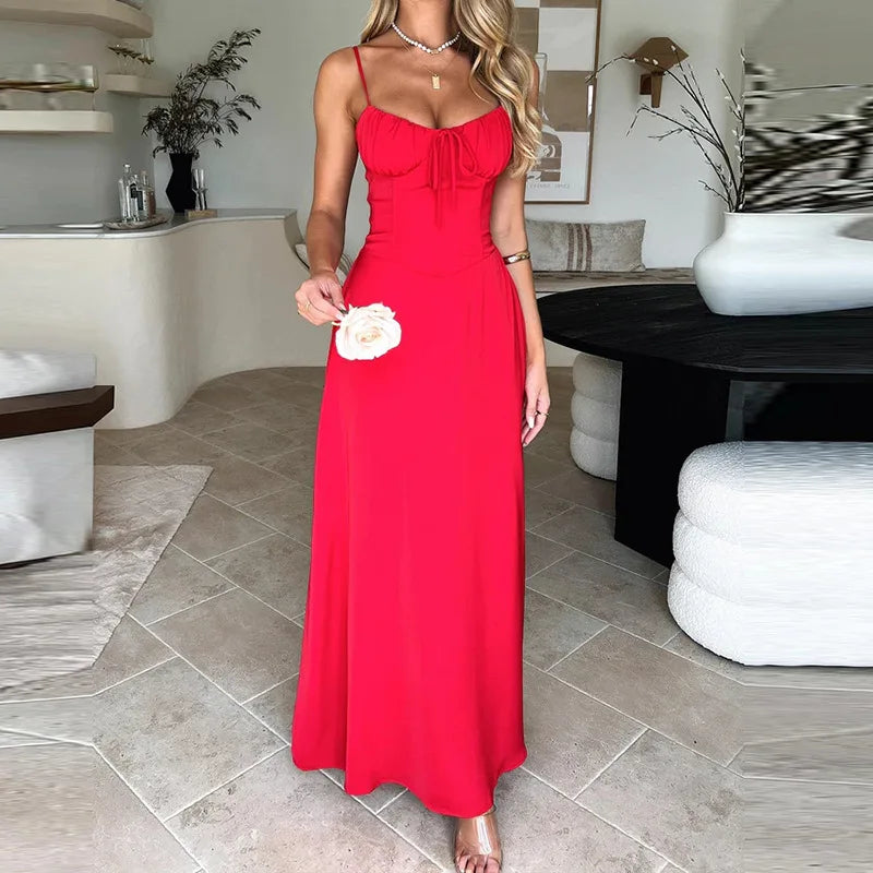 Spaghetti Strap Solid Fit and Flare Long Dress