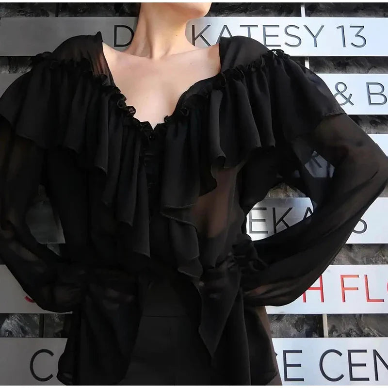 See Through Solid Long Sleeved Ruffles Tops