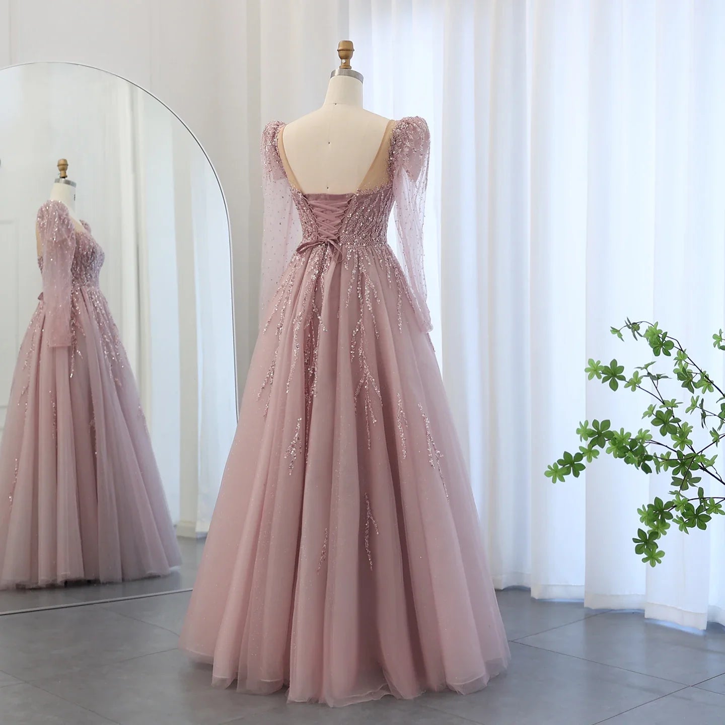 Dusty Pink Long Sleeve Formal Prom Gown