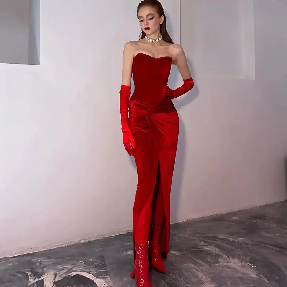 Backless Red Dress Strapless Sleeveless with Slit