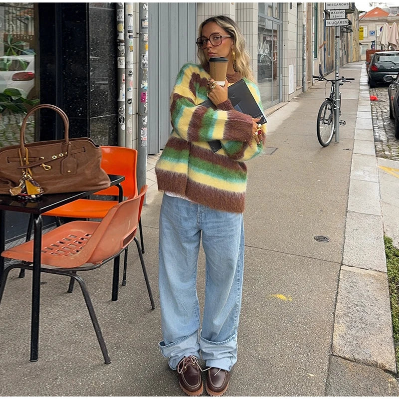 Mohair Striped Long Sleeve Contrast Sweater