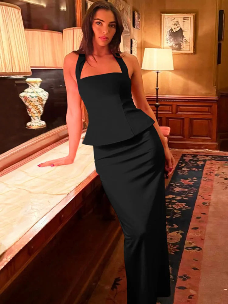 Square Collar Halter Top and Long Skirt Two-Piece Set