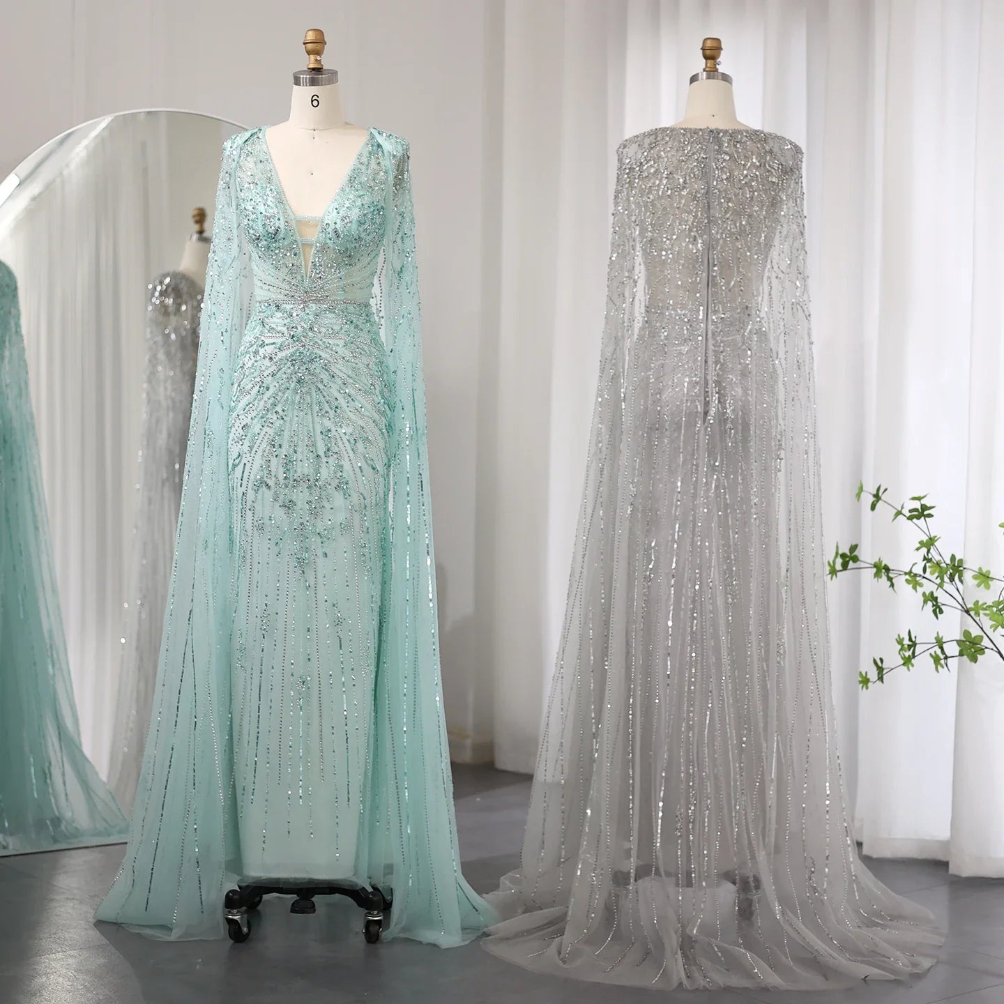 Silver-Gray Mermaid Evening Gown with Cape