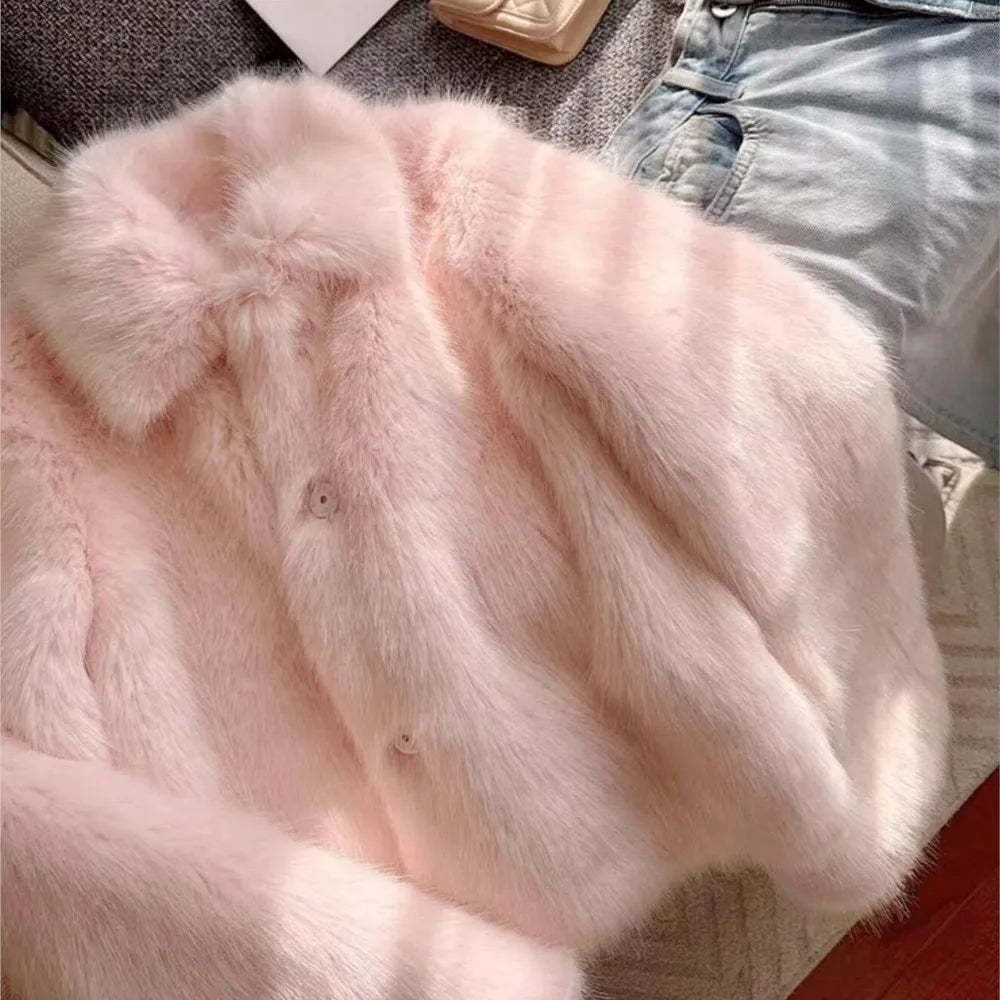 Pink Faux Fur Warm Furry Short Jacket Outerwear
