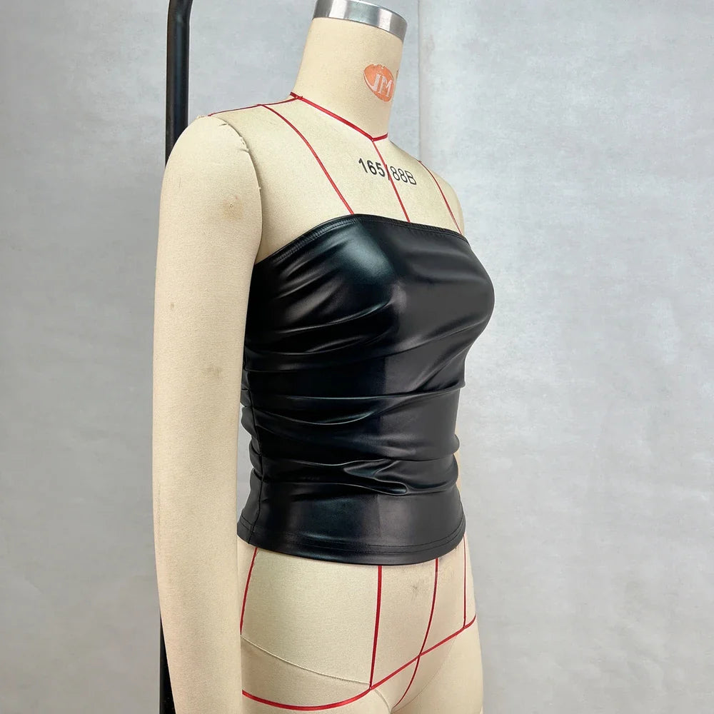 PU Leather Strapless Pleated Tube Top