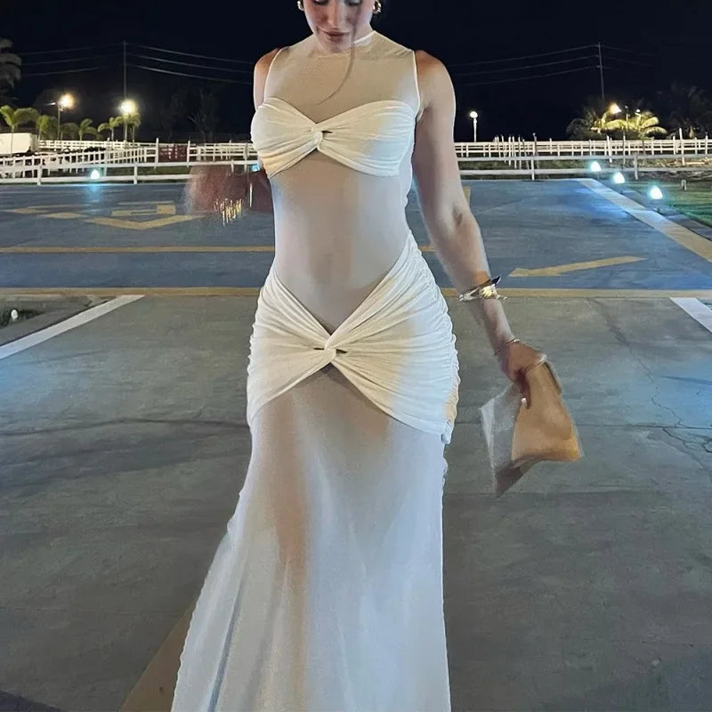 White See-Through Pleated Mesh Long Dress