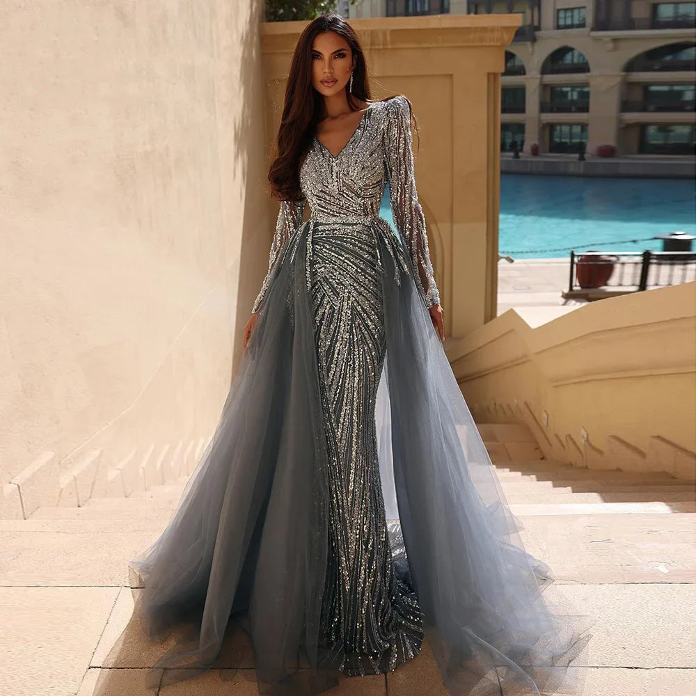 Blue Mermaid Beaded Long Sleeves Evening Gown