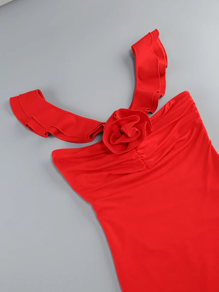 Red Flower Ruffles Strap Maxi Dress