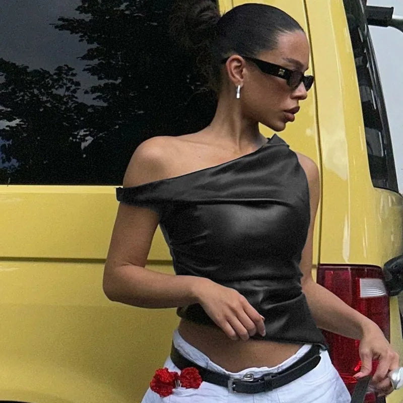 Skew Collar Leather Pleated Top