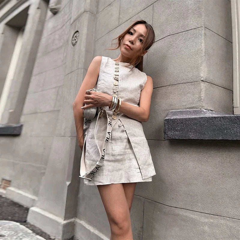 Sleeveless Front Buttoned Top and Mini Skirt Set
