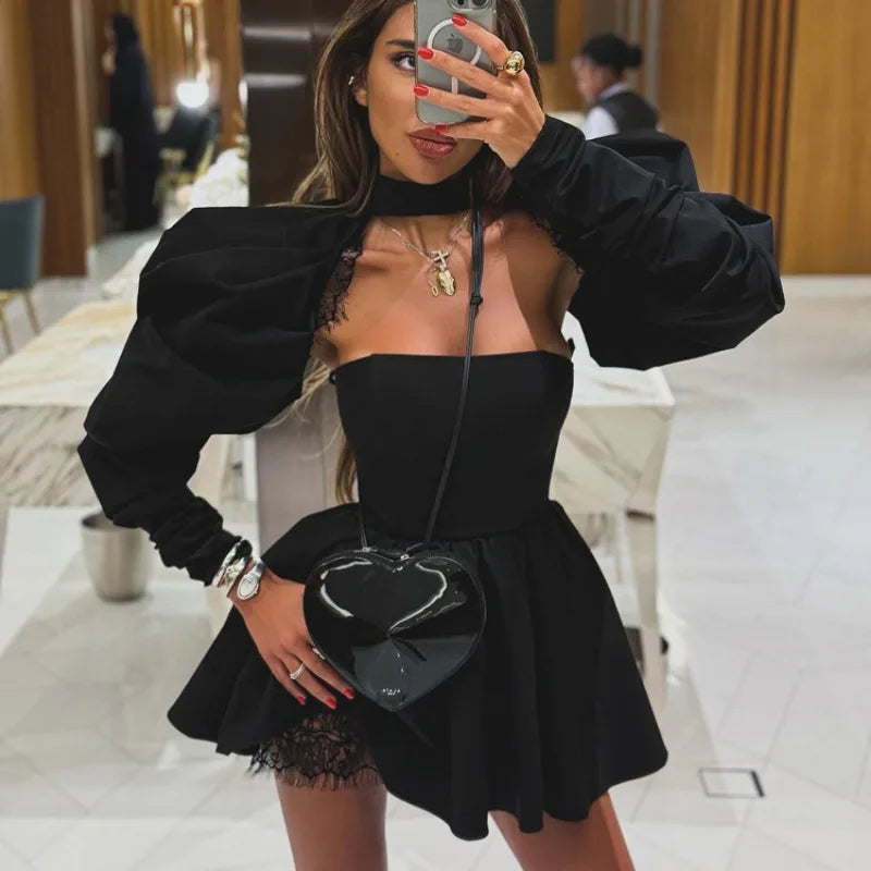 Puff Long-sleeved Black Mini Dress