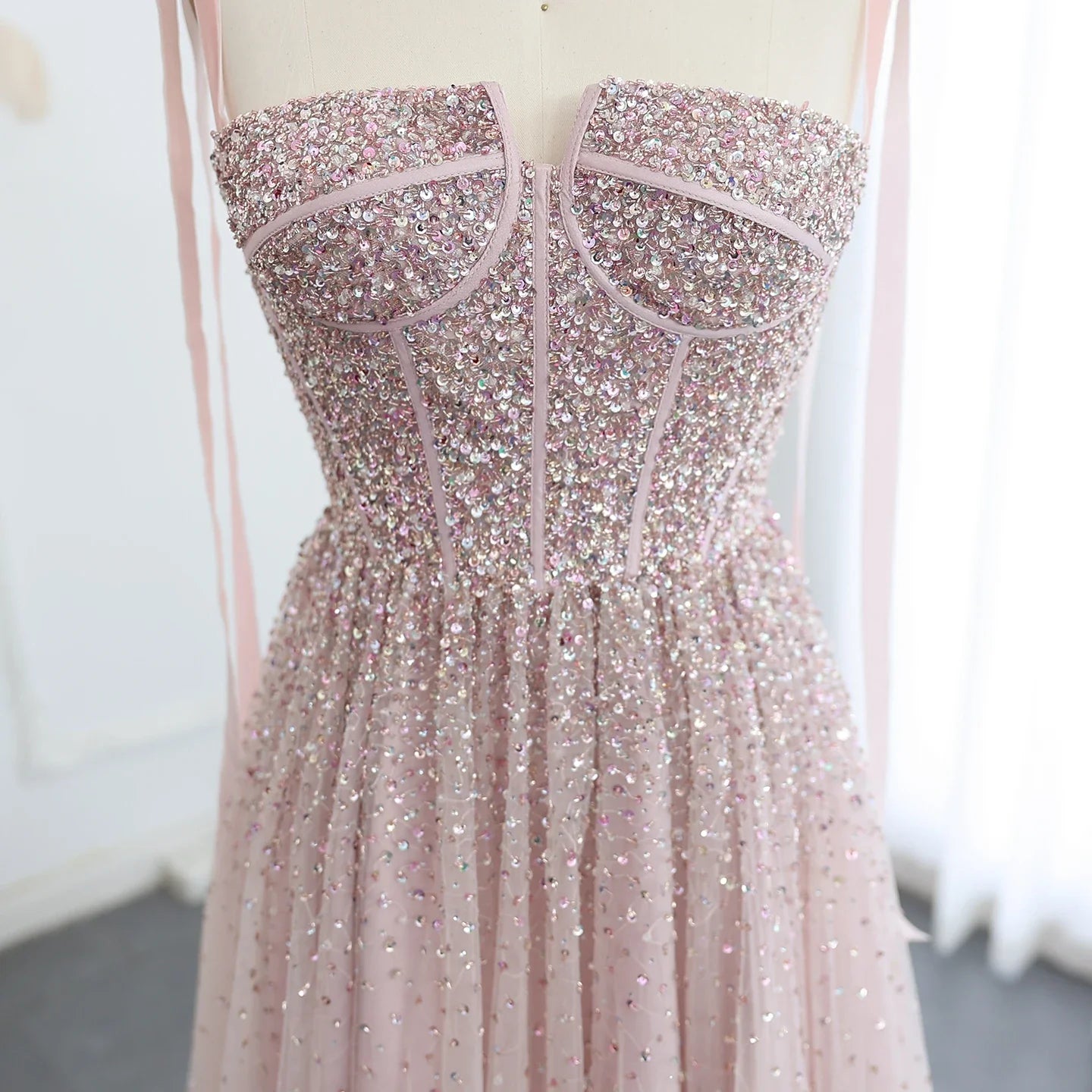 Beaded Wine Red Evening Gown with Straps