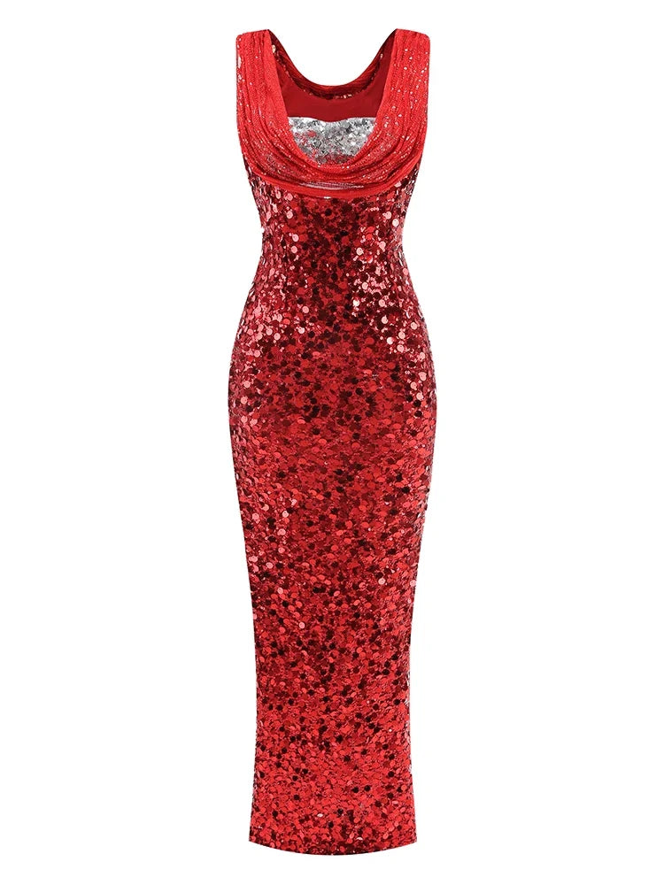 Swinging Neck Sequins Red Long Dress