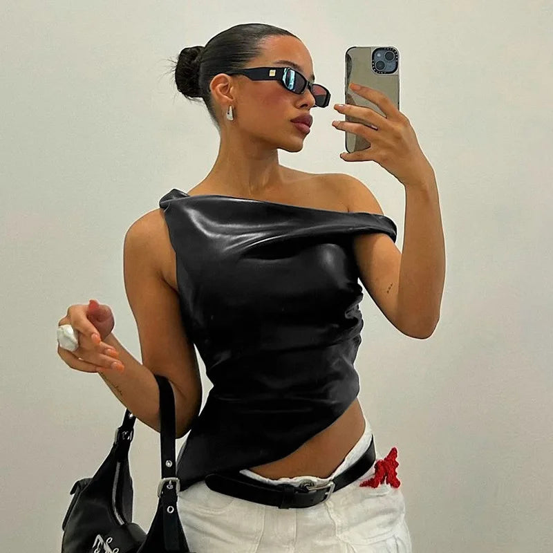 Skew Collar Leather Pleated Top