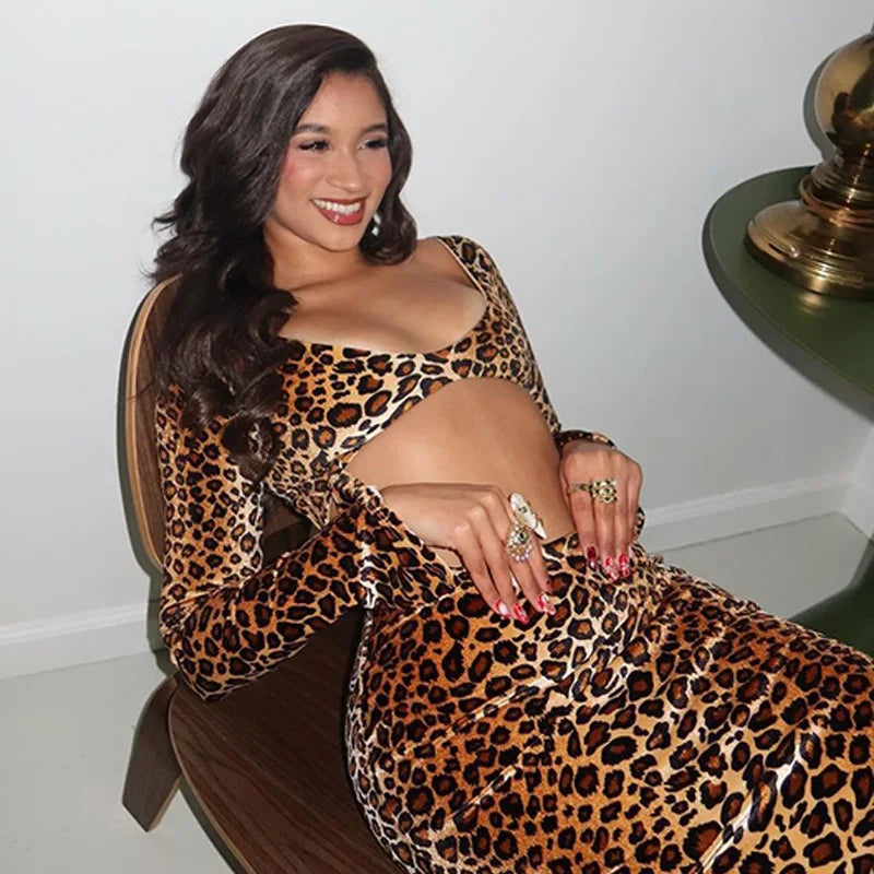 Leopard Print Hollow Out Long Dress
