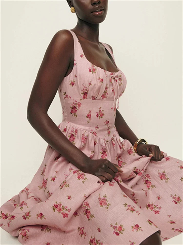Floral Print Linen Square Collar Lace Up Mid Length Dress