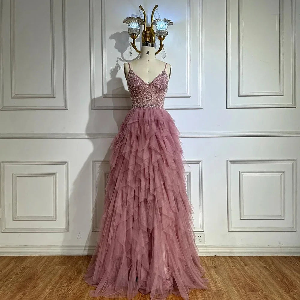Pink Evening Gown Beaded Bodice and Layered Tulle Skirt