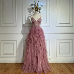 Pink Evening Gown Beaded Bodice and Layered Tulle Skirt