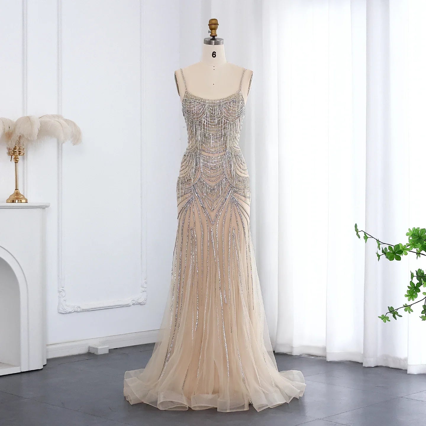Crystal Tassel Mermaid Spaghetti Straps Gown