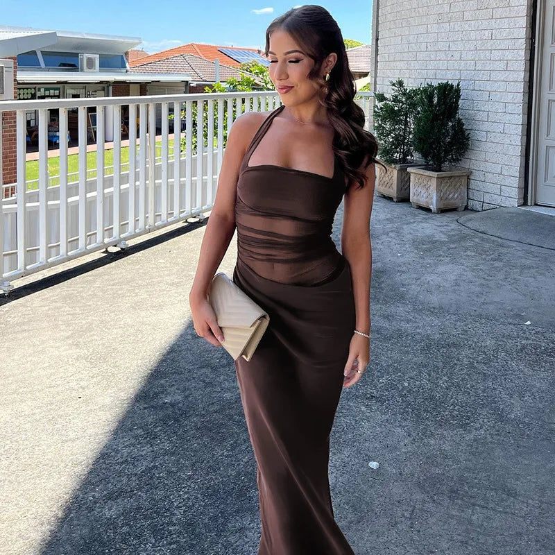 Mesh Patchwork Backless Halter Bodycon Gown