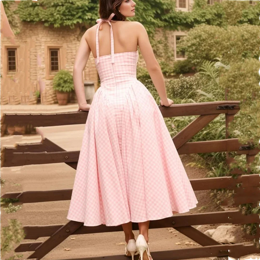 Pink White Plaid Bow Halter V Collar Midi Dress
