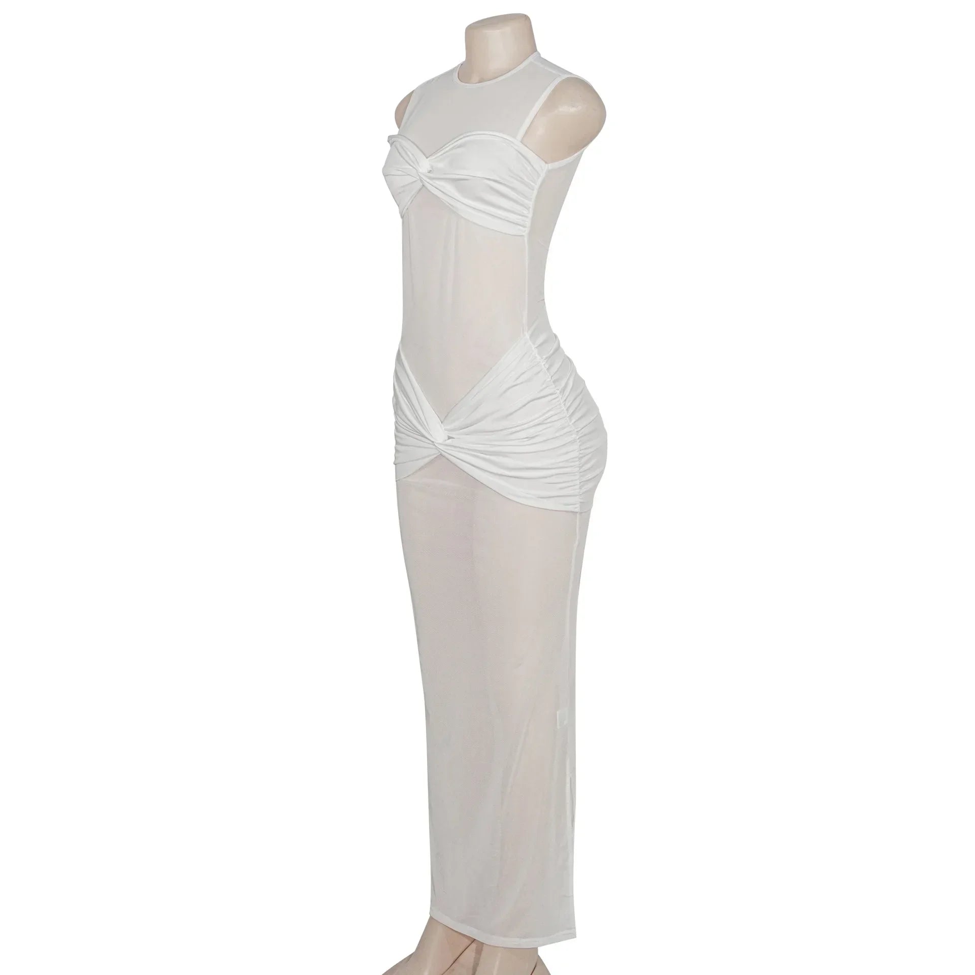 White See-Through Pleated Mesh Long Dress