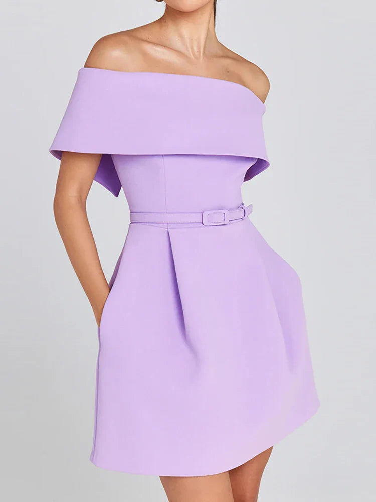 Belt Patchwork Short Sleeve Off The Shoulder Dress