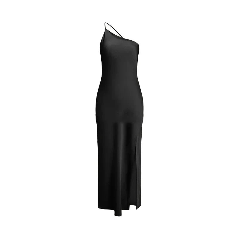 Backless Satin Slant Shoulder Solid Slit Long Dress
