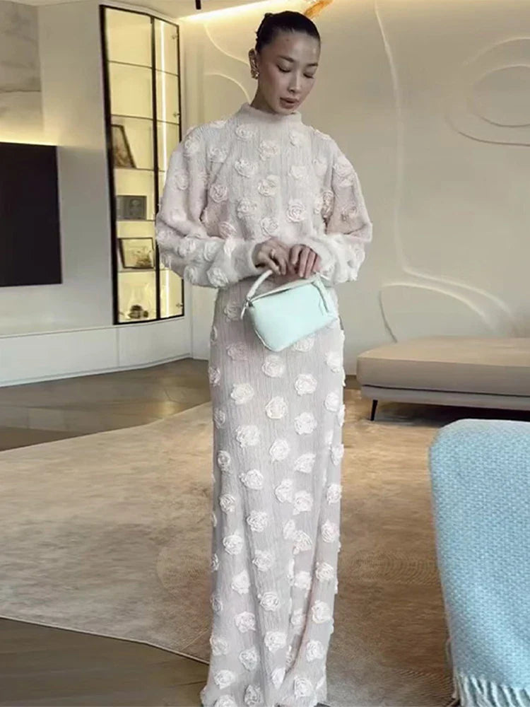 Knitting 3D Flower Lantern Sleeve Top and Long Skirt Suit