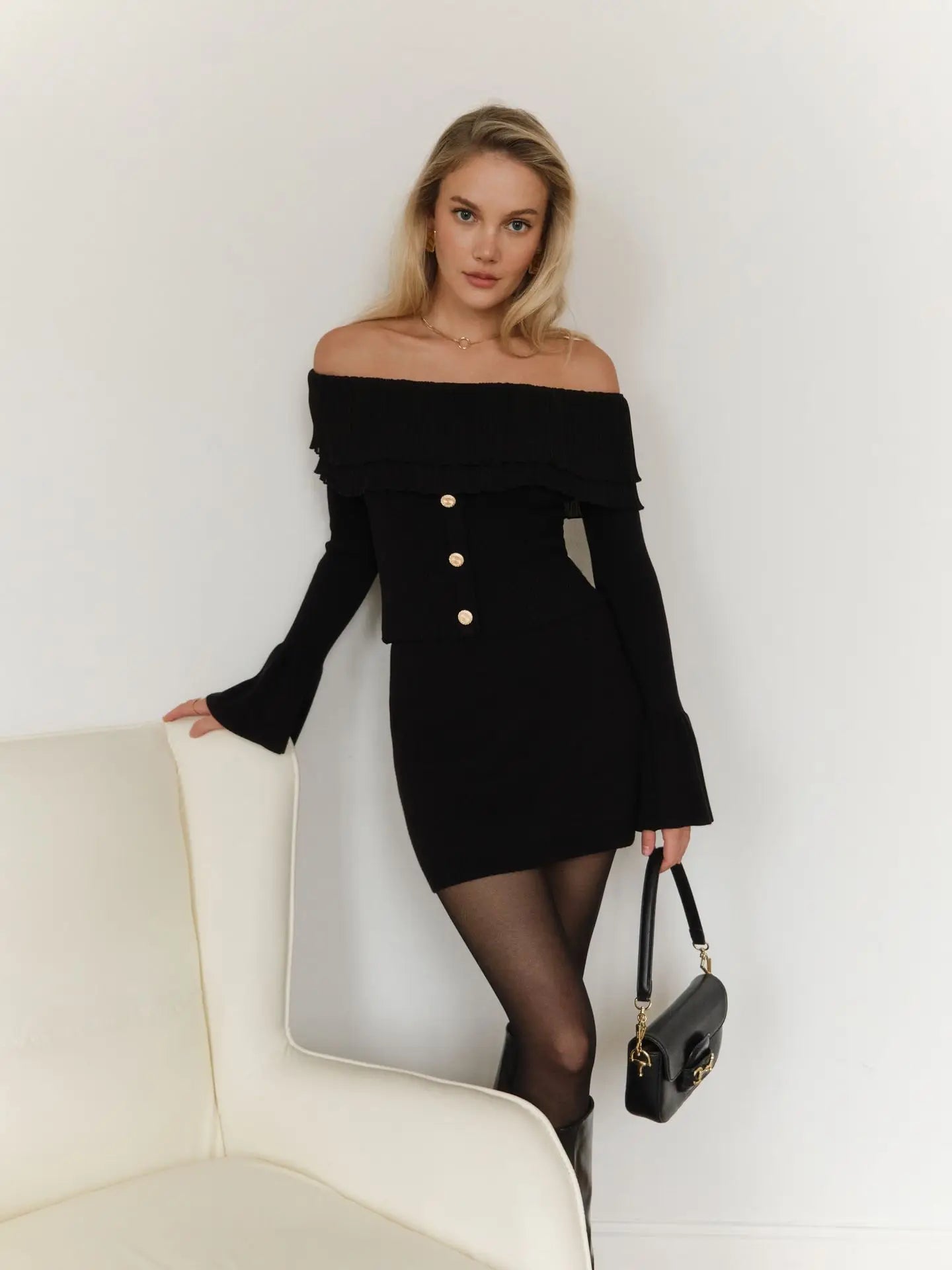 Off-Shoulder Knitted Flare Sleeve Top