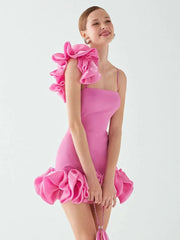 Pink One Shoulder Ruffles Mini Dress