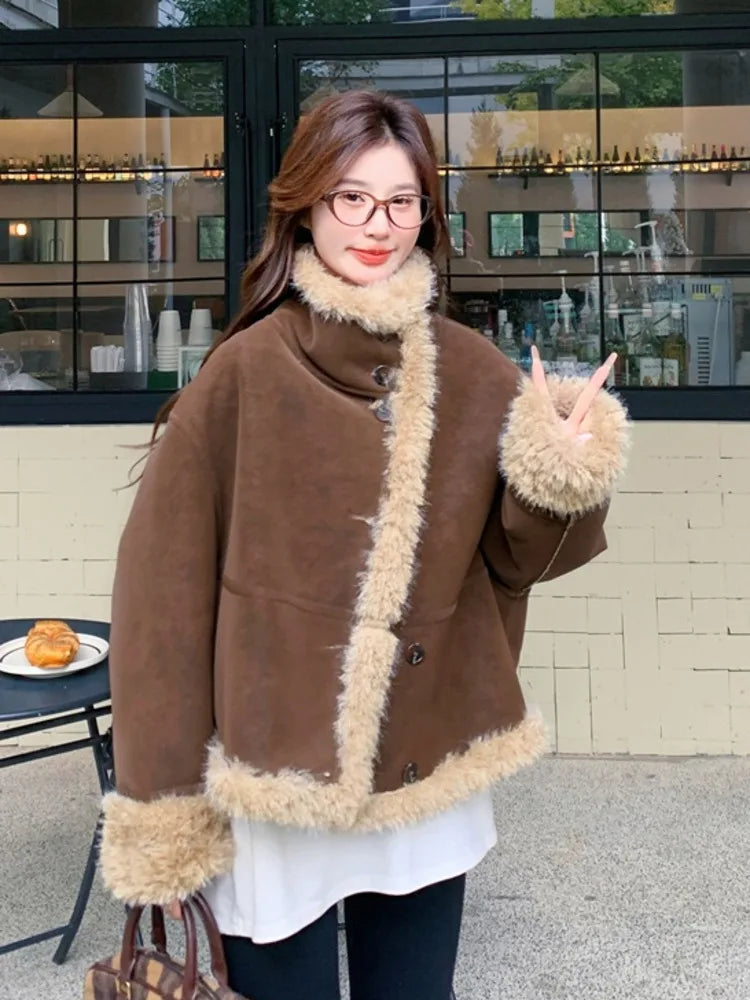 Lapel Full Sleeves Spliced Faux Leather Coat