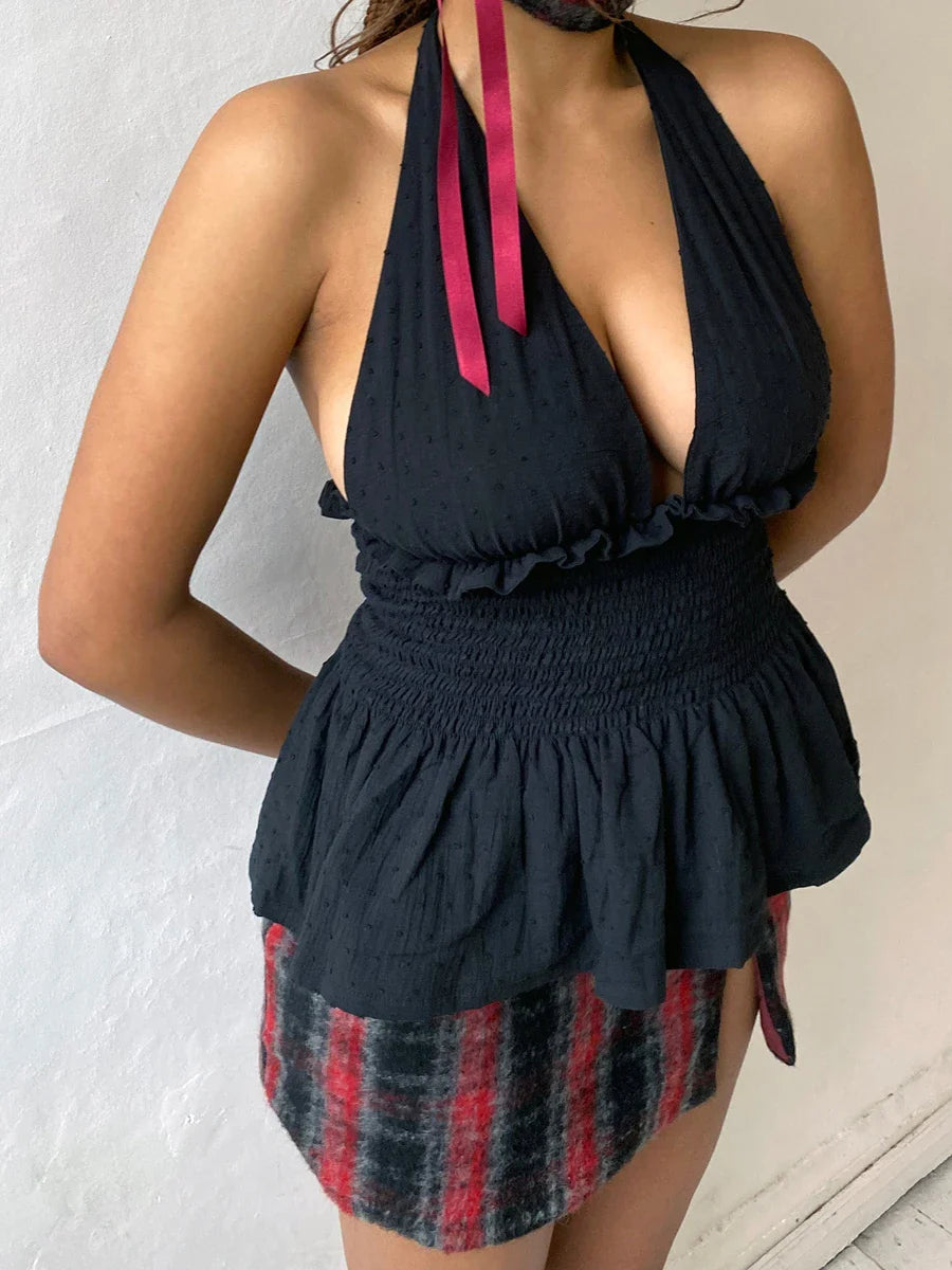 Floral Print/Swiss Dot Tie-Up Halter Backless Tops