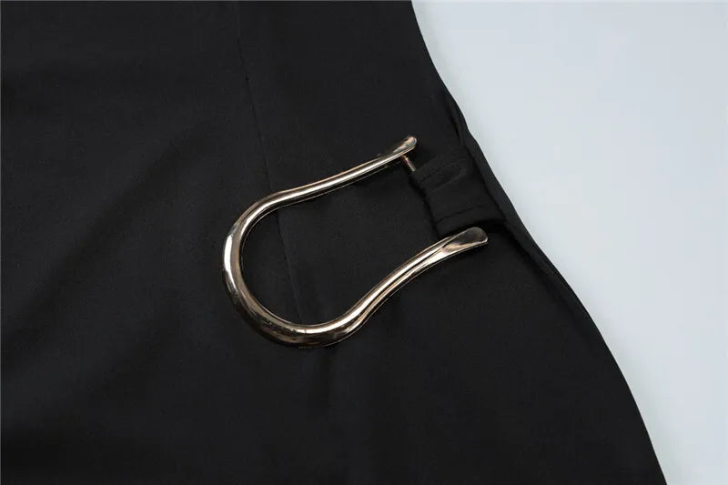 Short Sleeve Draped Black Metal Buckle Mini Dress
