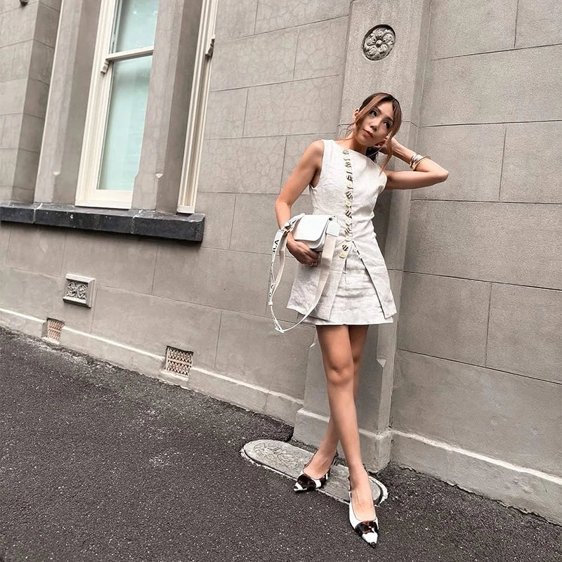 Sleeveless Front Buttoned Top and Mini Skirt Set