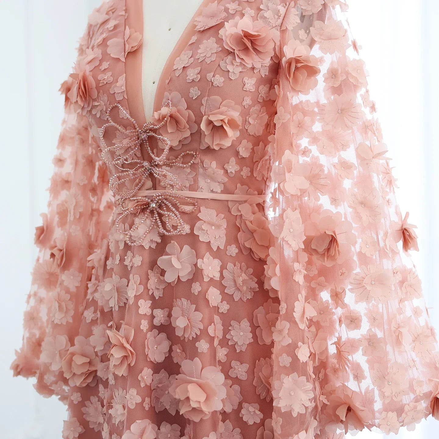 Blush Pink 3D Floral Evening Dress with Bell Sleeves