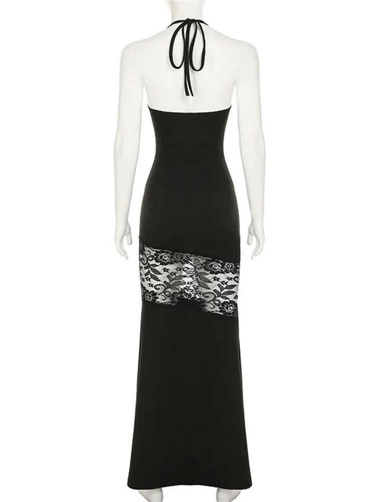 Black Printed Lace-Up Hollow Out Dress