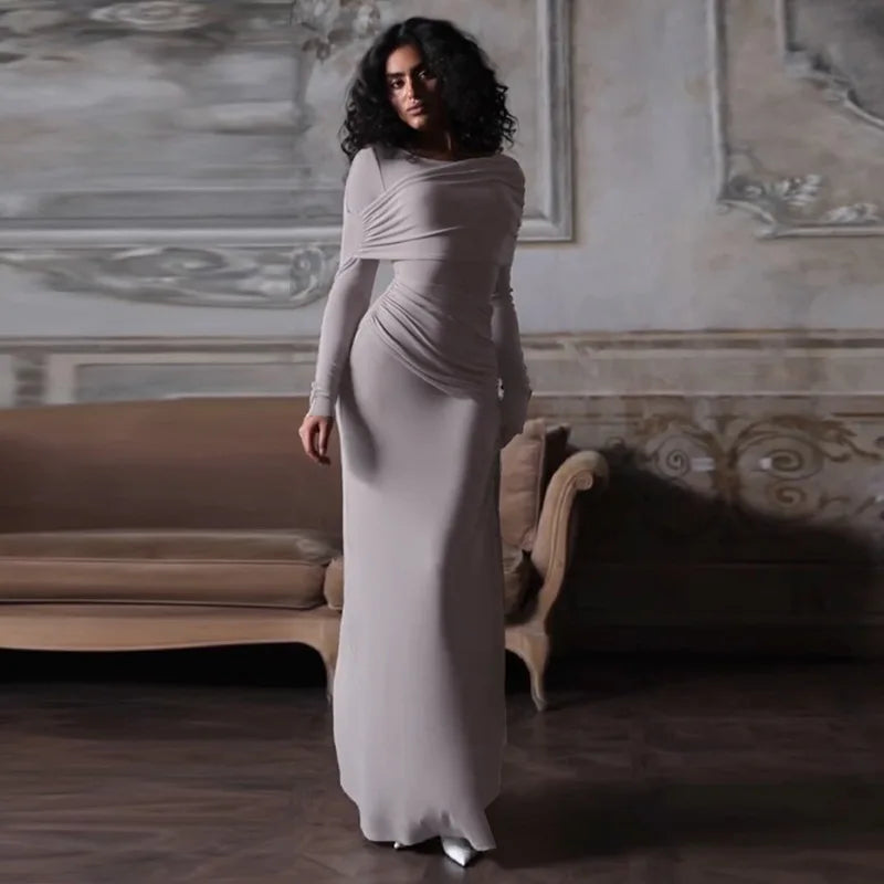 Solid Long Sleeve Irregular Splice Long Dress